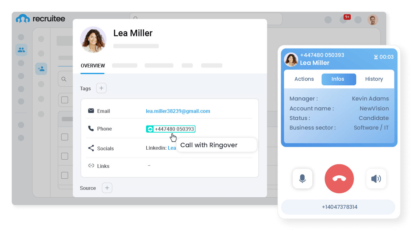Call with just one click from Recruitee