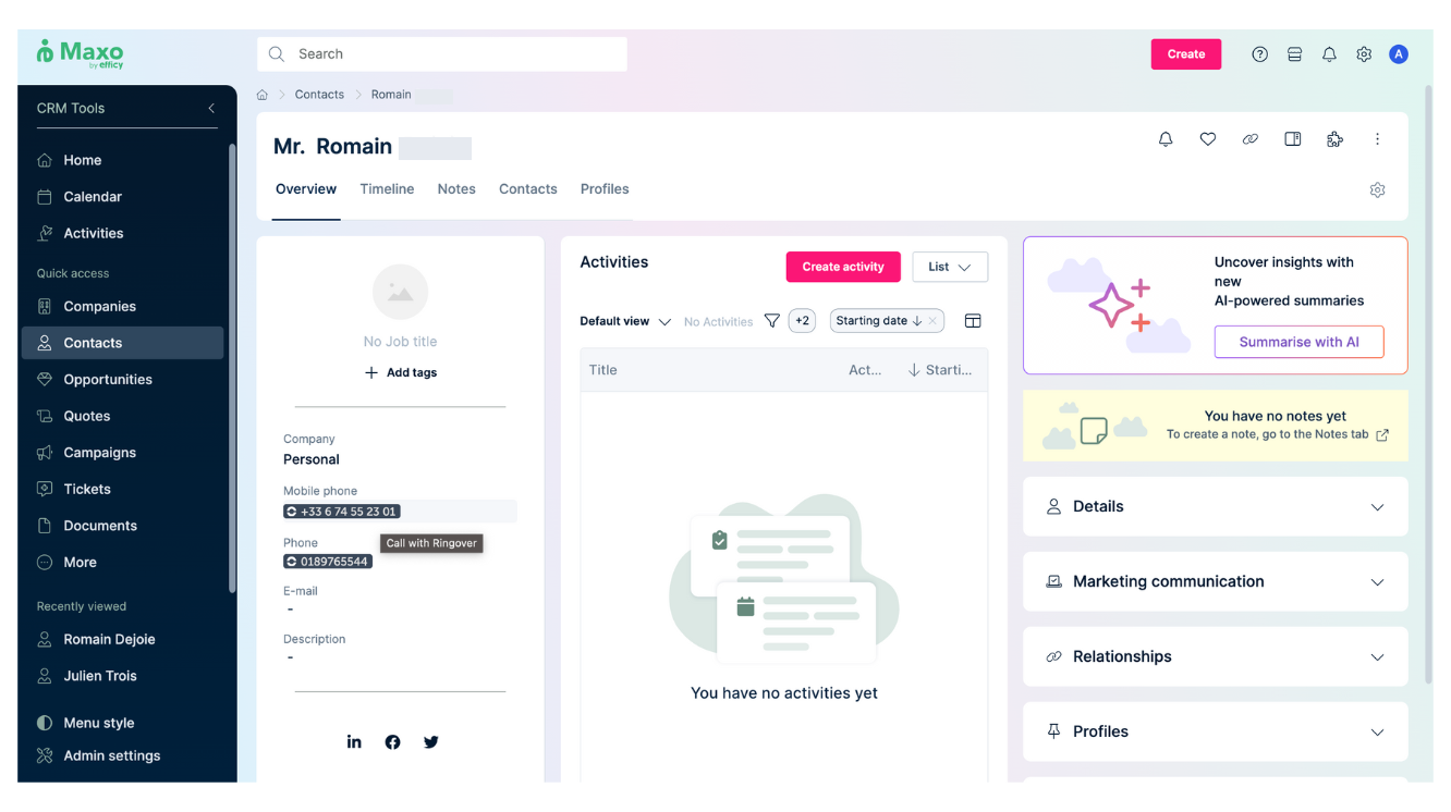 Call with one click from Maxo by Efficy