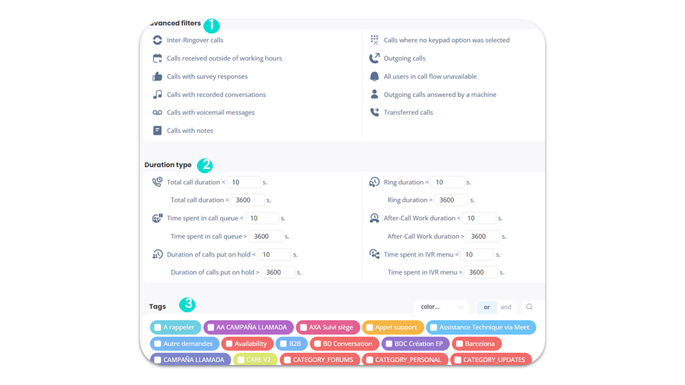 Tag filters - Advanced filters, duration type and tags
