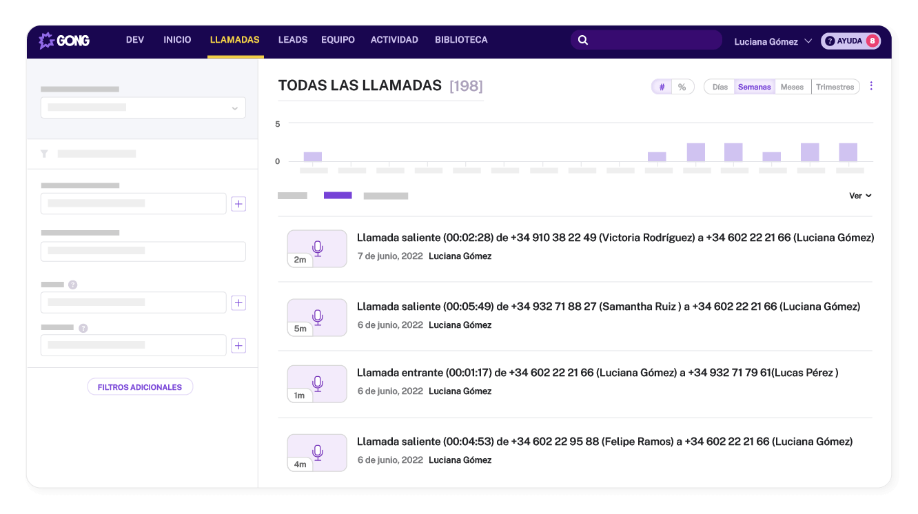 Encuentra todas tus llamadas analizadas directamente en Gong
