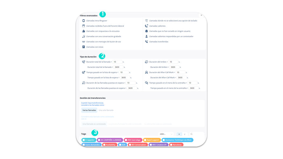 Filtros de etiquetas - Filtros avanzados, tipo de duración y etiquetas