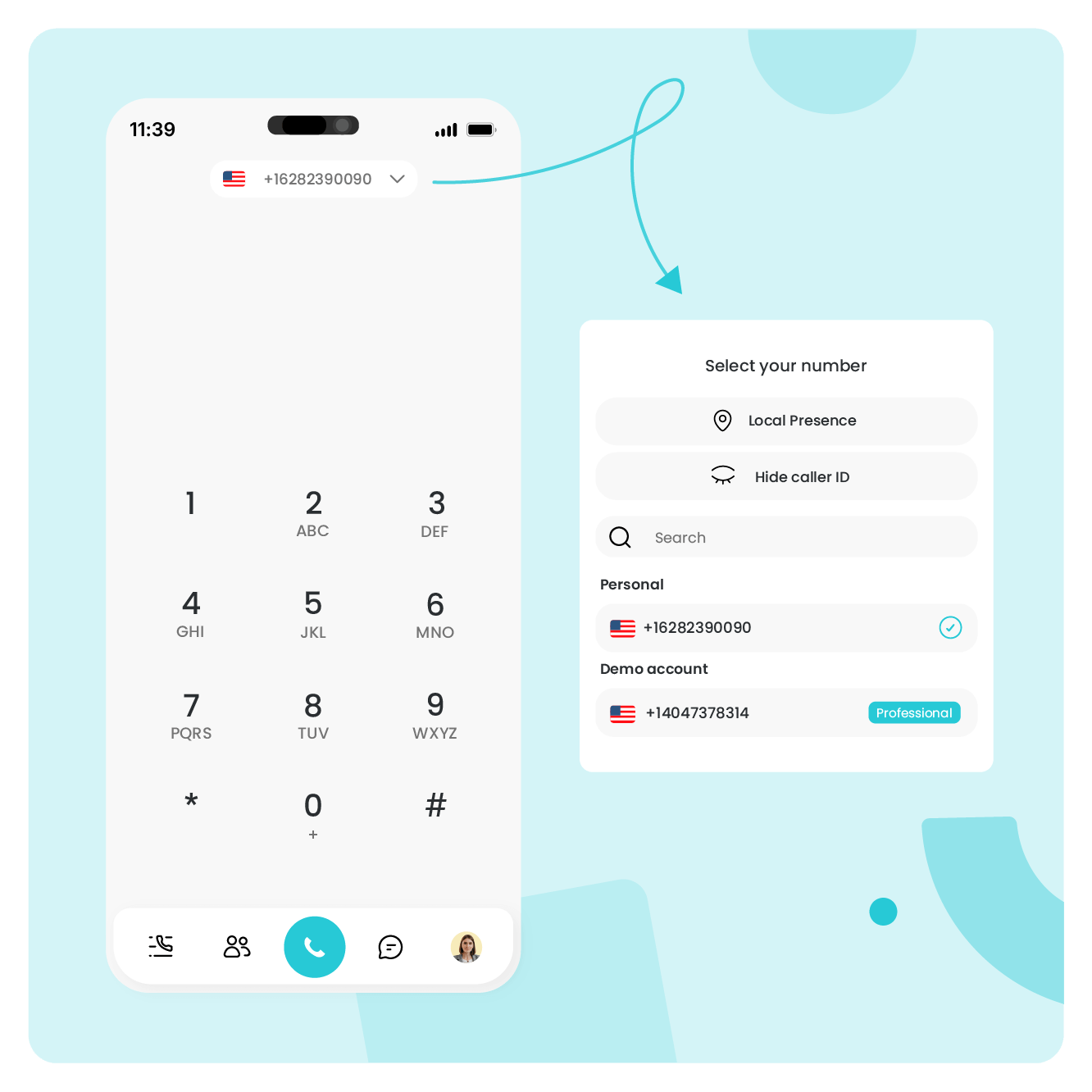 Kies uw uitgaande nummer met één klik
