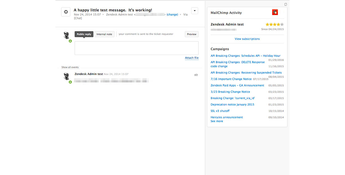 screenshot of Mailchimp activity app in Zendesk Support