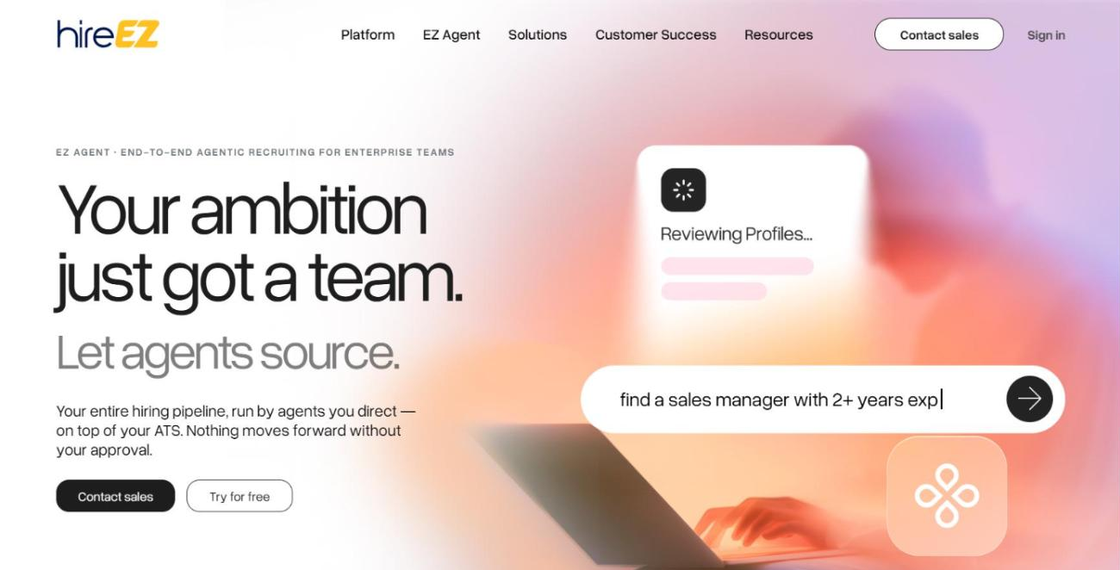 Page produit hireEZ EZ Agent, agent IA de recrutement de bout en bout
