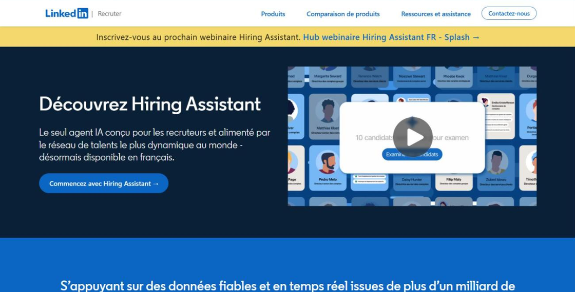 Page produit LinkedIn Hiring Assistant, agent IA de sourcing pour recruteurs