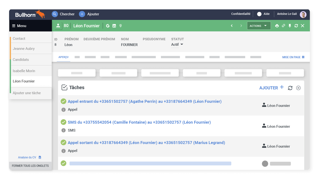Retrouvez l’historique des échanges dans Bullhorn