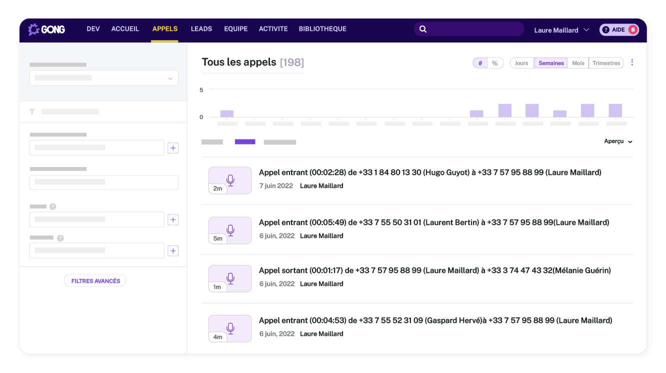 Retrouvez tous vos appels directement analysés dans Gong